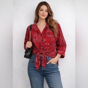 Vtg Brownstone Studio USA Sz 1X Red Hankerchief Rockabilly Button Front Tie Top